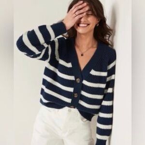 Gap shaker stitch Classic cotton navy white stripe nautical cardigan sweater M
